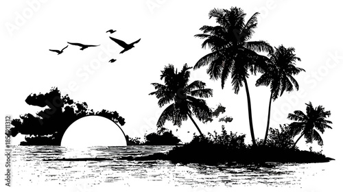 Stunning tropical island silhouette with palm trees and birds at sunrise or sunset over a calm ocean horizon