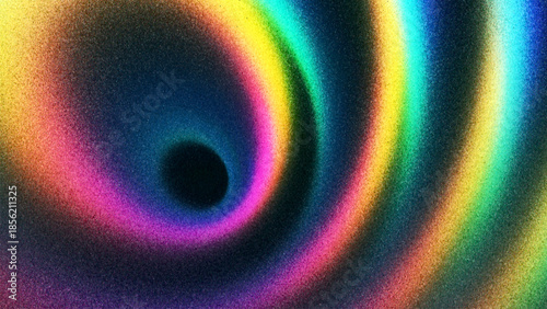 Rainbow gradient with circular flowing waves from thousands of individual dots. Iridescent abstract waves forming spiral folds and rounded shapes. Expressive gradient with swirling circular rhythm