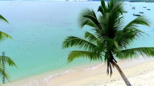 Tropical beach scene with palm trees, turquoise water, boats, and distant islands
