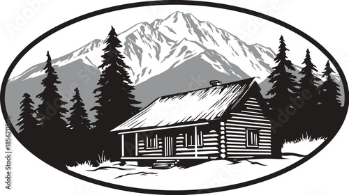 Rustic log cabin nestled in a forest with majestic mountains in the background, vintage monochrome illustration.