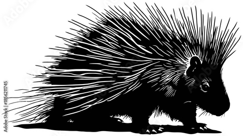 Illustration of a porcupine, detailed black and white drawing of a spiky wild rodent mammal with sharp quills