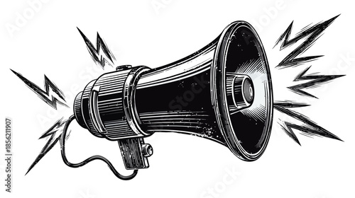Vintage Hand-Drawn Megaphone Illustration with Sound Waves. Loudspeaker announcing a message, protest, or important information.