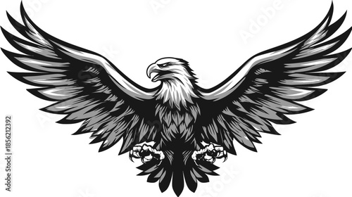 Majestic soaring eagle with outstretched wings, detailed black and white illustration, fierce raptor design, powerful bird of prey artwork.