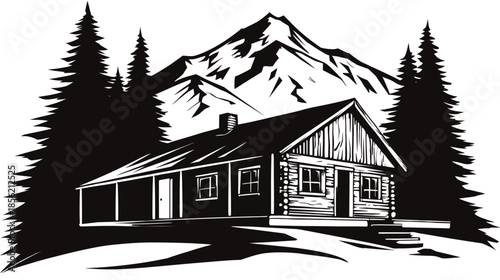Rustic Log Cabin Illustration with Majestic Mountains and Pine Trees. Wilderness Lodge and Forest Retreat Vector Art.