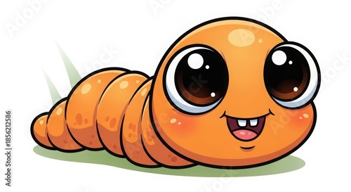 Cute Orange Cartoon Worm Smiling with Big Eyes on White Background