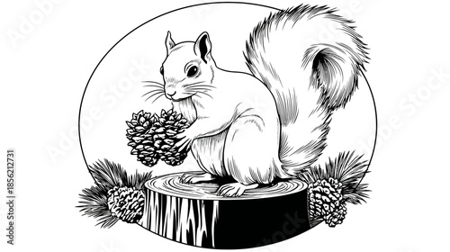Hand-drawn black and white squirrel illustration on a tree stump, holding pine cones and surrounded by pine needles, detailed nature sketch with a circular frame.