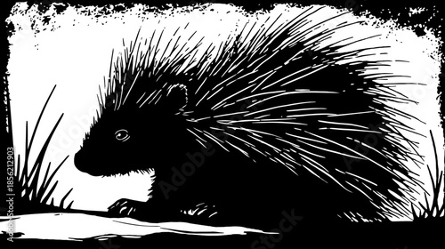 Detailed black and white silhouette illustration of a porcupine with sharp protective quills in its natural habitat