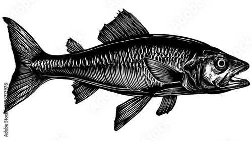 Vintage Engraved Fish Illustration. Detailed Black and White Hand-Drawn Aquatic Animal Art in a Retro Woodcut Style Graphic.