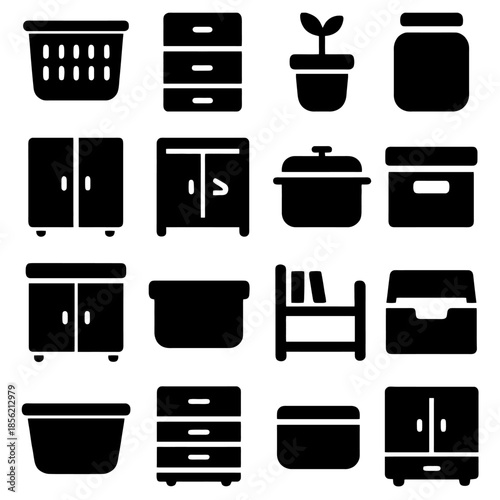 Arrangement of Household Items: An assortment of household items, presented in an organized array of shapes and forms. This image embodies domestic functionality and visual consistency.