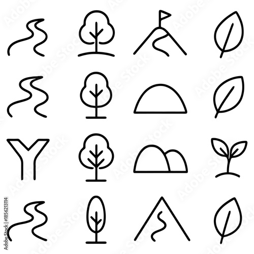 Nature's Essential Elements: A collection of simple line drawings portrays the vital components of the natural world, including rivers, trees, mountains, and leaves.