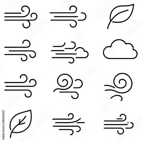 Whispering Breeze: Minimalist icons capture the essence of wind, leaves, and clouds. Explore the beauty and versatility of air movement and nature elements.
