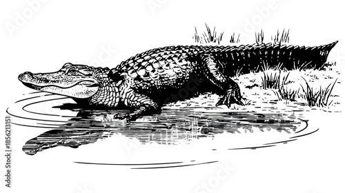 Vintage style illustration of an alligator emerging from water in a swamp, detailed reptile wildlife artwork
