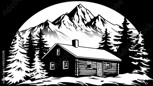 Rustic Log Cabin in Snowy Mountain Wilderness with Pine Trees Vector Illustration