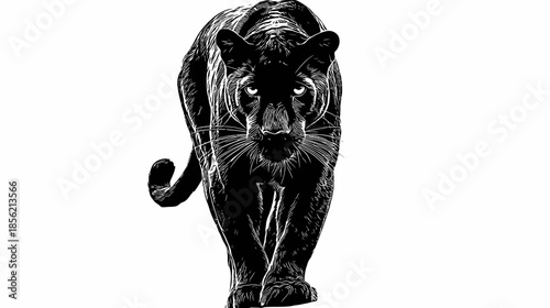 Powerful black panther walking directly towards the viewer on a stark white background. Fierce big cat, wild animal illustration.