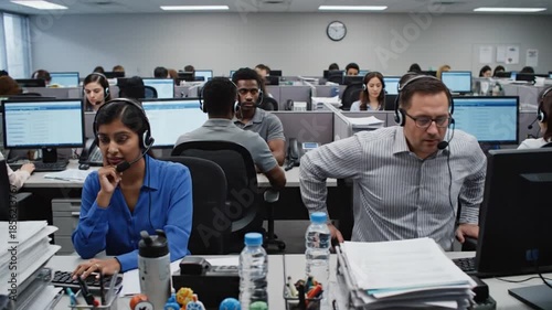 Diverse team working in a busy call center, providing customer service and support.