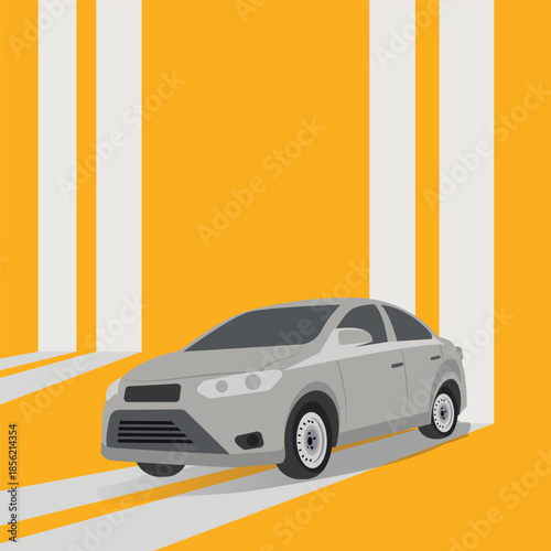 Modern sedan car driving on a striped road with a bold yellow background, presented in a clean flat vector illustration style