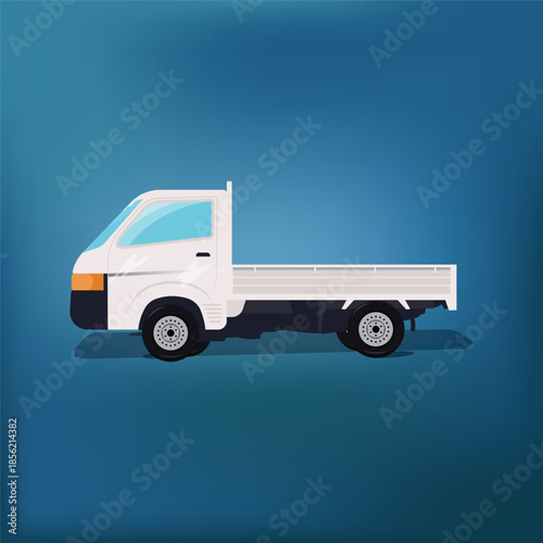 Adobe IlluFlat vector illustration of a white pickup truck in side view on a blue gradient background, representing transportation, delivery, logistics, and commercial vehicle conceptsstrator Artwork