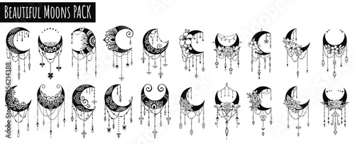 Celestial Moon Pack: A collection of exquisite illustrations showcases various crescent moons adorned with intricate details, offering a touch of celestial beauty.