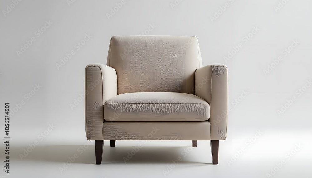 Fototapeta premium Elegant beige armchair with dark wooden legs in modern minimalist setting