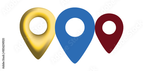 Three colorful map pins are aligned in a row, each with a distinct color and glossy appearance.