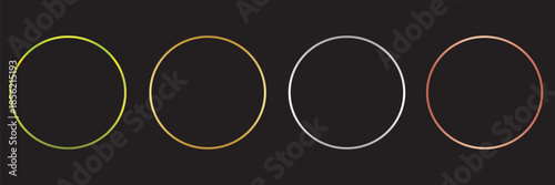 Gold, silver and bronze circle thin frames. Blank metal ring, button, stamp, emblem, sticker, label. First, second and third place medals isolated on black background. Abstract vector illustration set