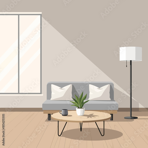 Cozy Living Room with Sunlight, Sofa, Coffee Table, and Floor Lamp