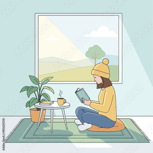 Cozy woman reading book by window, enjoying sunny landscape and warm drink
