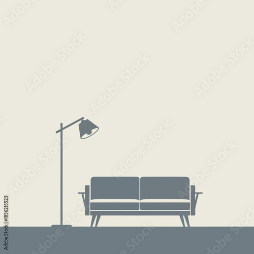 Minimalist living room with sofa and floor lamp, vector illustration