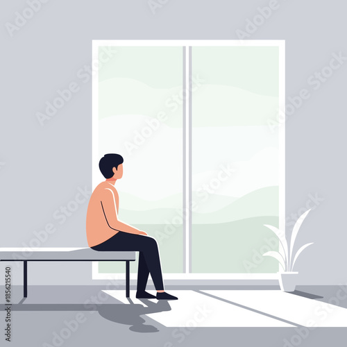 Man Sitting on Bench Looking Out Large Window, Peaceful Solitude