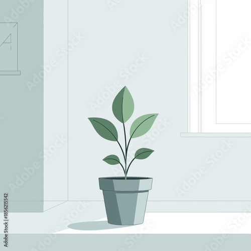 Minimalist Potted Plant Growing on Shelf Near Window, Calm Light