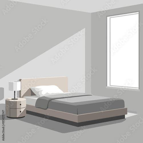 Modern bedroom interior with bed, nightstand, lamp, and window with sunlight.