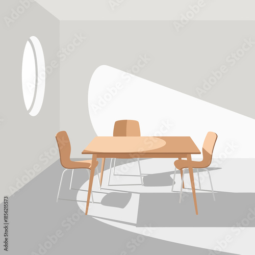 Modern dining room with table, chairs, and oval window, minimalist design, natural light.
