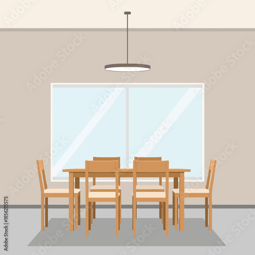 Modern Dining Room with Wooden Table, Chairs, and Large Window