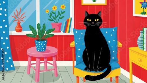 Charming black cat illustration relaxing on a vibrant yellow chair in a cozy, colorful home interior, surrounded by cheerful plants and decor