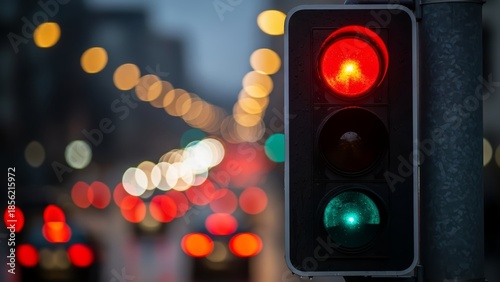 Vibrant red traffic light glows against a blurred backdrop of urban night lights, signaling a stop in the bustling city street at dusk
