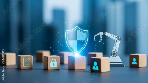 Digital security concept Glowing shield protecting sensitive data and user information in an automated tech landscape, symbolizing robust cyber protection for modern business operations