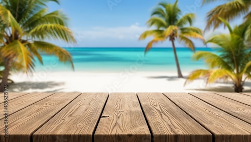 Tropical Beach With Palm Trees and Wooden Deck for Product Display