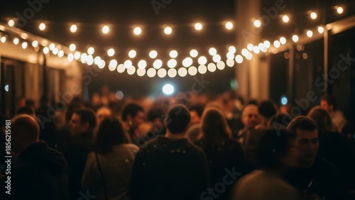 Atmospheric evening gathering with warm string lights illuminating a crowd of people enjoying a social event