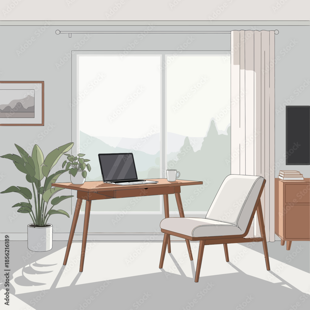 Fototapeta premium Cozy Home Office with Laptop, Chair, and Plant by Large Window with Mountain View