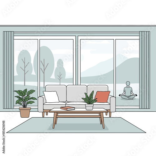 Person meditating in lotus pose by window with sofa and plants, serene view