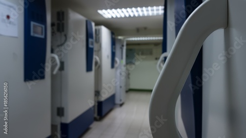 Blur abstract background of ultra low temperature freezer for specimens storage in laboratory testing in medical hospital.Blurry view rows of refrigerators for lab research in university