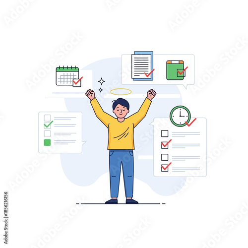 Successful person with completed tasks, checklist, calendar, and clock. Concept of achievement.