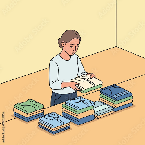 Woman Folding Clothes Neatly into Stacks on Table