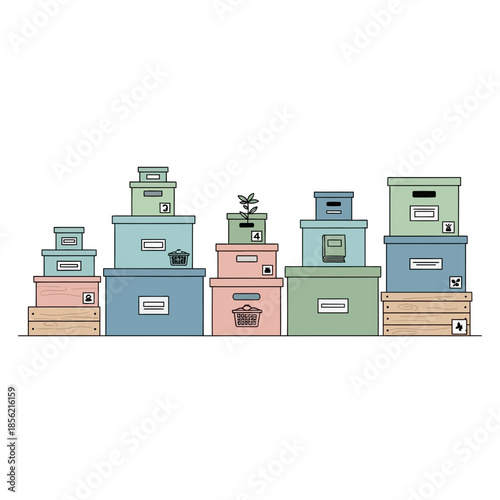 Stacked Cardboard Boxes with Plant Sprout and Icons, Storage and Organization Concept