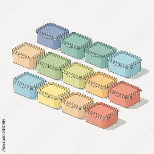 Collection of colorful food storage containers, pastel colors, isometric view