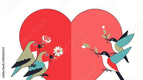 Two Birds Facing Each Other on Heart.