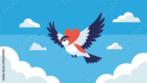 Colorful Bird Flying Through Cloudy Sky.