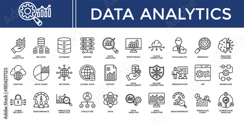 Data analytics icon set collection. Containing monitoring, review, database, server, performance, report, survey .Line vector icons collection