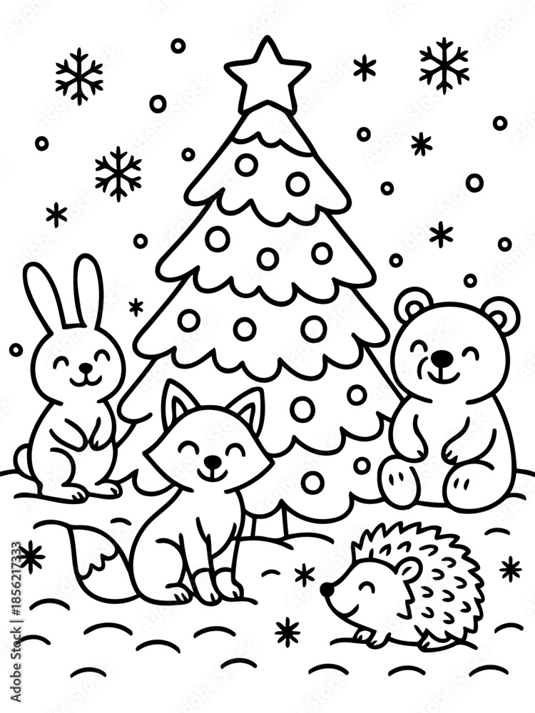 Fototapeta premium Christmas Delight: A heart warming illustration of a festive Christmas tree, adorned with delicate ornaments and topped with a shining star, surrounded by adorable forest friends: a playful fox.