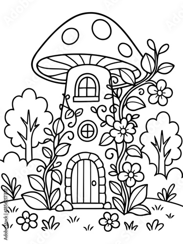 Whimsical Mushroom Cottage: An enchanting illustration of a mushroom house, nestled amidst a flourishing garden, evokes a sense of wonder and fairytale dreams.